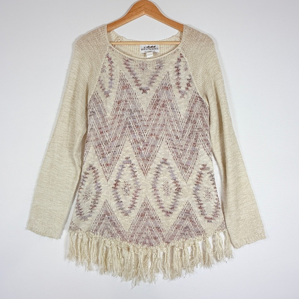Back In The Saddle Womens Large Sweater Fringe Boho Western Bohemian Pullover‎